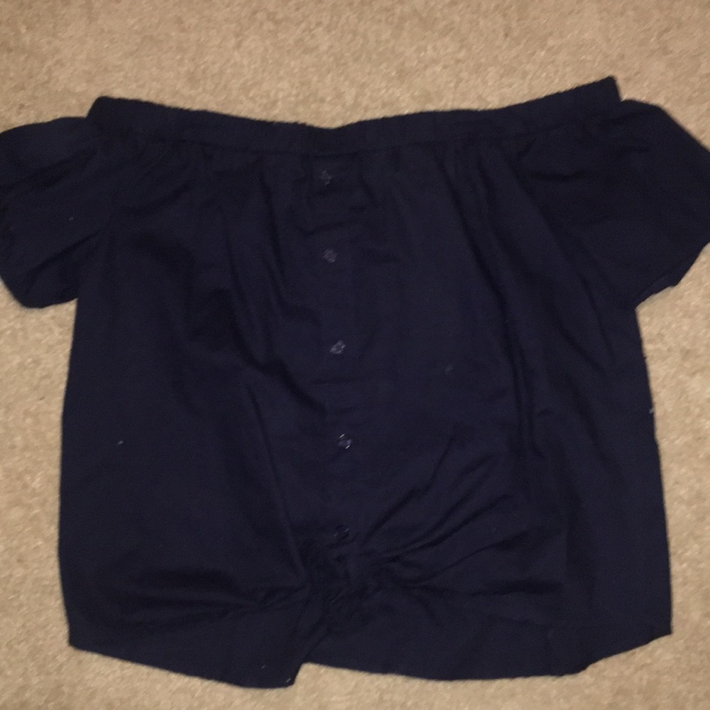 off the shoulder blue button down